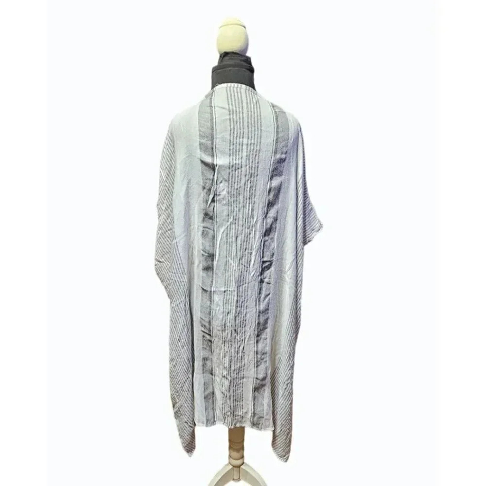 Thin Lightweight Shawl Wrap Wide Sleeves Side Slits Fringe Vertical Stripes OS - Picture 3 of 5